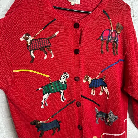 Vintage Susan Bristol 1995 Dogs on Leashes w Bells Red Button Front Cardigan XL - Picture 2 of 6